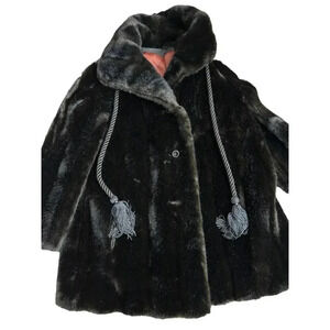Grandella II Sportowne Vintage Black Plush Faux Fur Rope Tassel Coat Size 10